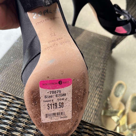 🐝 Kate Spade Sz 7.5 bow tie front open toe black sateen look leather shoes - Picture 5 of 12